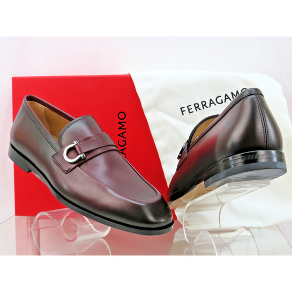 FERRAGAMO BURGUNDY LEATHER FLORIO GANCINI BIT LOGO LOAFERS 10.5 EE US 11.5 - Picture 6 of 10